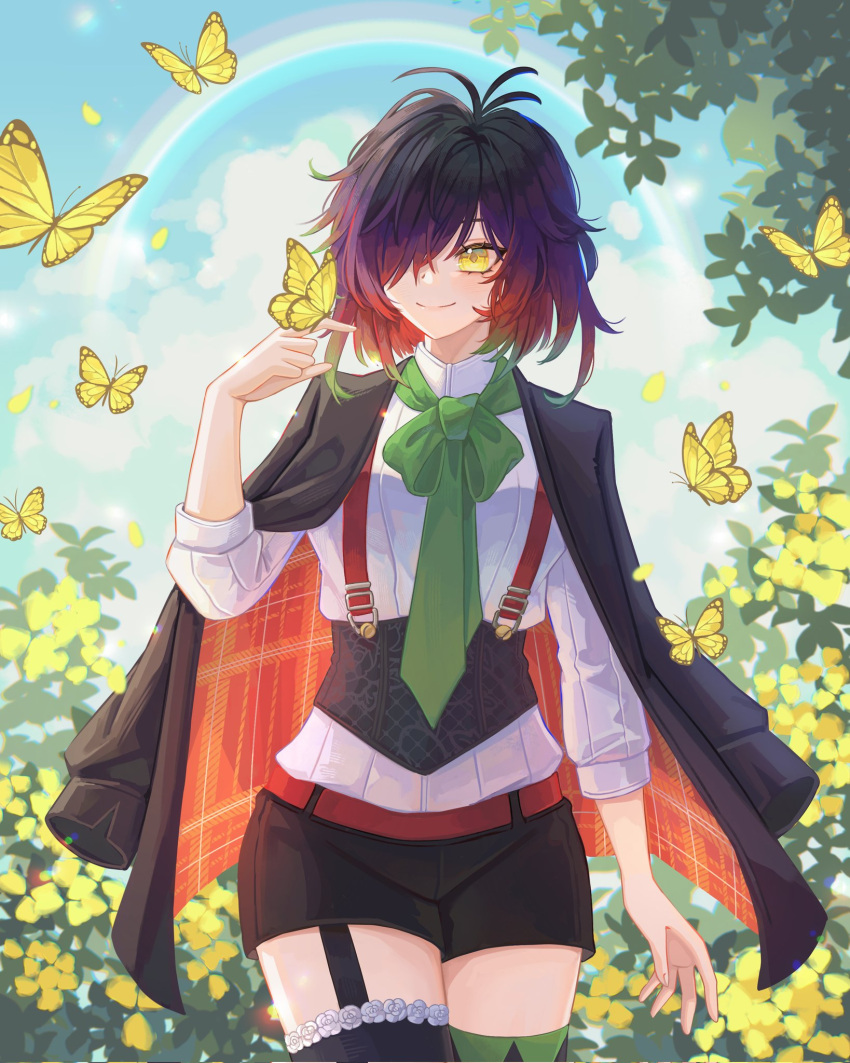 1girl, angrycomputer_studio, black_hair, black_jacket, bug, butterfly, butterfly_on_hand, commentary