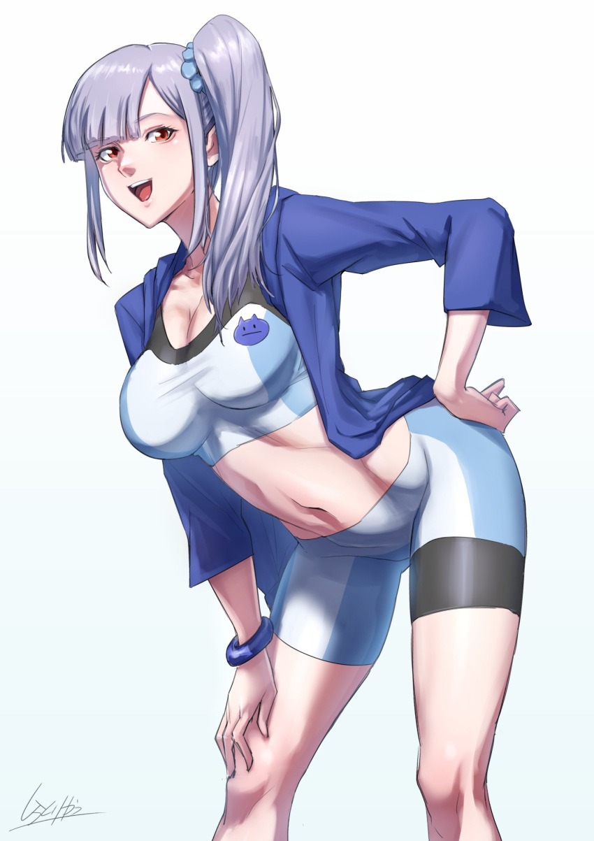 1girl, bike_shorts, breasts, brown_eyes, commentary, cosplay, gundam, gundam_build_fighters