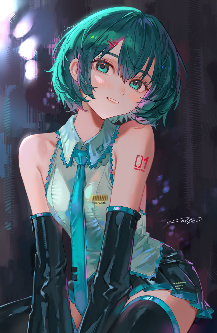 1girl, absurdres, alternate_hair_length, alternate_hairstyle, aqua_necktie, aqua_trim, arm_tattoo, between_legs