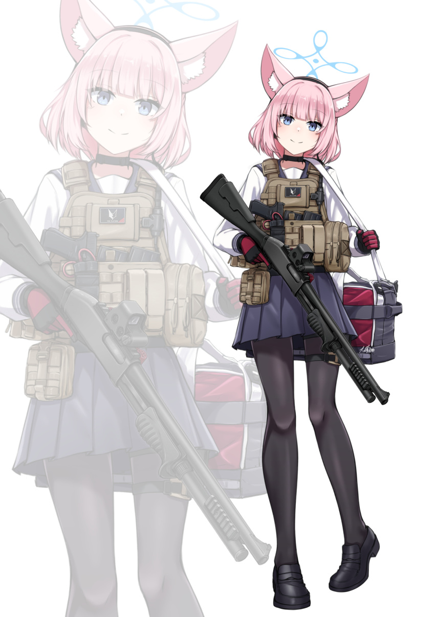 1girl, animal_ear_fluff, animal_ears, bag, benelli_m3, black_gloves, black_pantyhose, black_shoes, blue_archive, blue_eyes, blue_halo, blue_sailor_collar, blue_skirt, bulletproof_vest, closed_mouth, commentary_request, duffel_bag, ear_protection, fox_ears, fox_girl, full_body, glock, gloves, gun, halo, handgun, highres, holstered, loafers, long_sleeves, looking_at_viewer, mossberg_590, multicolored_gloves, niko_(blue_archive), optical_sight, pantyhose, pink_hair, pleated_skirt, pump_action, red_gloves, sailor_collar, school_uniform, sekino_takehiro, serafuku, shoes, short_hair, shotgun, skirt, smile, solo_focus, standing, tactical_school_uniform, throat_microphone, two-tone_gloves, weapon, white_background, white_serafuku, zoom_layer