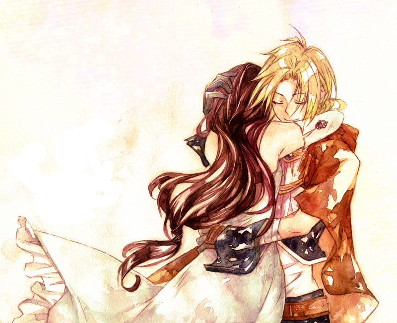 1girl, blonde_hair, brown_hair, closed_eyes, couple, dress, final_fantasy, final_fantasy_ix