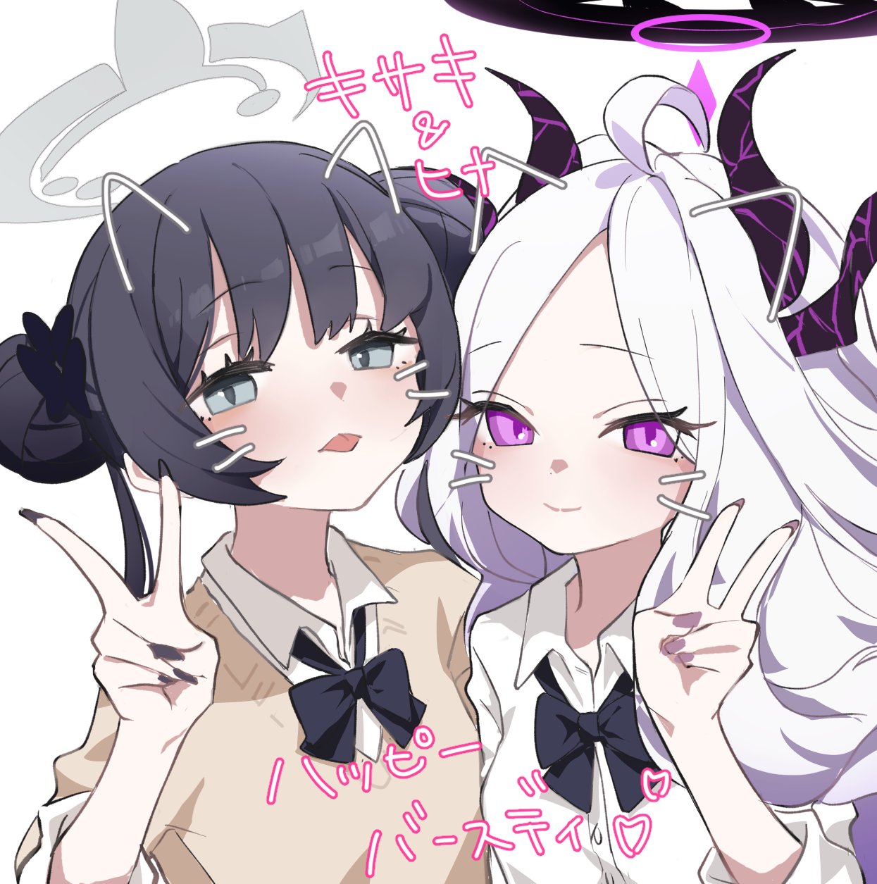 2girls, ahoge, black_hair, black_halo, black_ribbon, breasts, chapoke, commentary_request