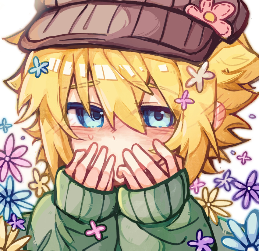 1boy, adou851656, androgynous, basil_(birthday)_(omori), basil_(faraway)_(omori), basil_(omori), blonde_hair, blue_flower