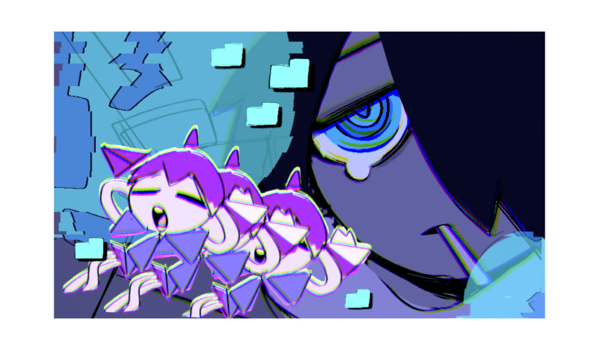 1boy, 1girl, black_hair, blue_eyes, border, chromatic_aberration, closed_eyes, commentary