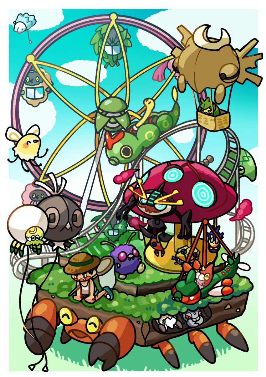 1boy, aircraft, blipbug, blue_sky, border, bug_catcher_(pokemon), burmy, burmy_(plant)
