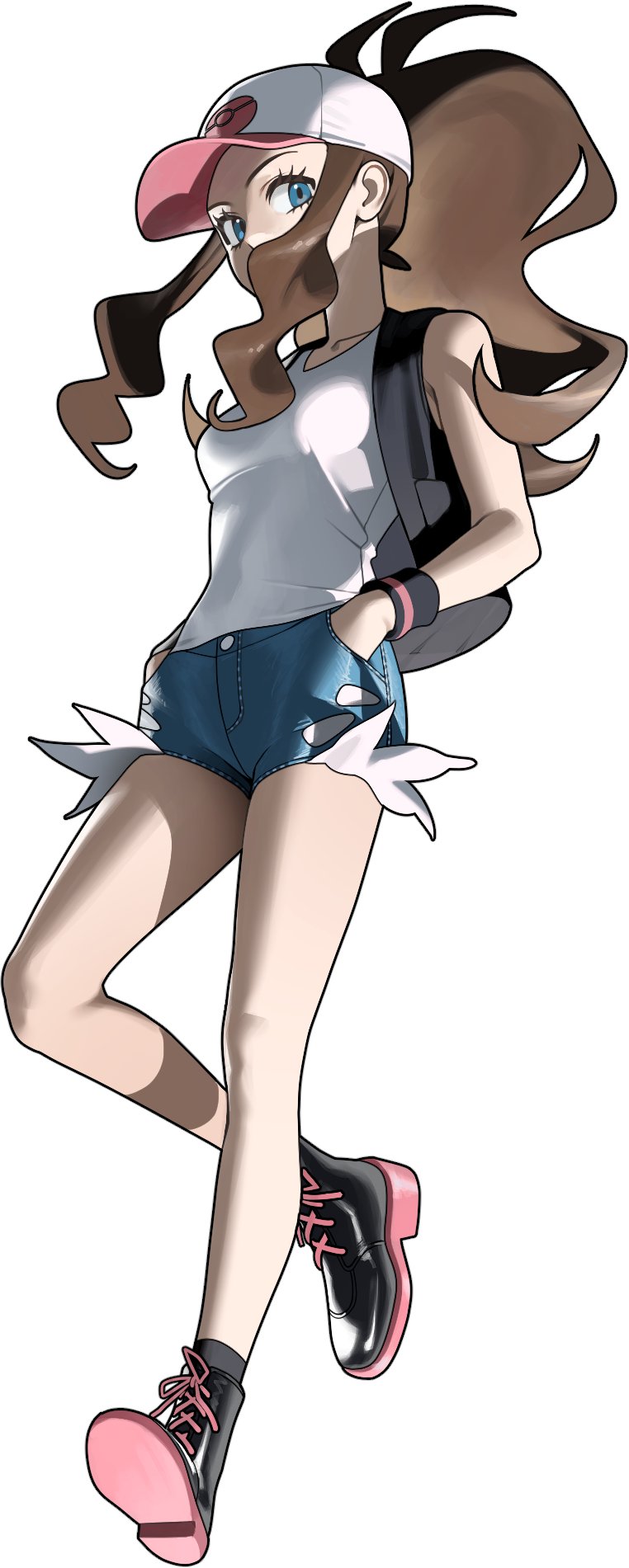 1girl, 987645321o, baseball_cap, black_boots, black_vest, blue_eyes, boots, breasts