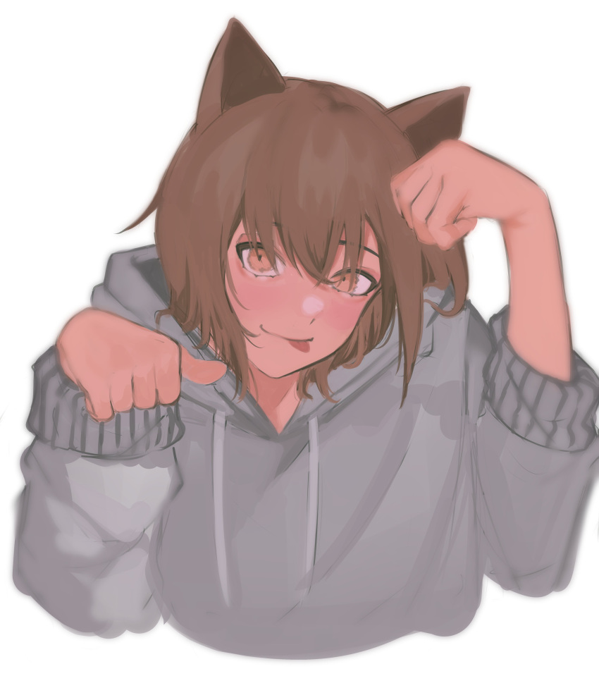 1boy, absurdres, alternate_eye_color, animal_ears, blush, brown_eyes, brown_hair, cat_boy, cat_ears, closed_mouth, commentary, english_commentary, futo_(tofuutoufofuto), grey_hoodie, hair_between_eyes, hand_up, highres, hood, hood_down, hoodie, kel_(faraway)_(omori), kel_(omori), kemonomimi_mode, long_sleeves, looking_at_viewer, male_focus, omori, simple_background, smile, solo, tongue, tongue_out, white_background
