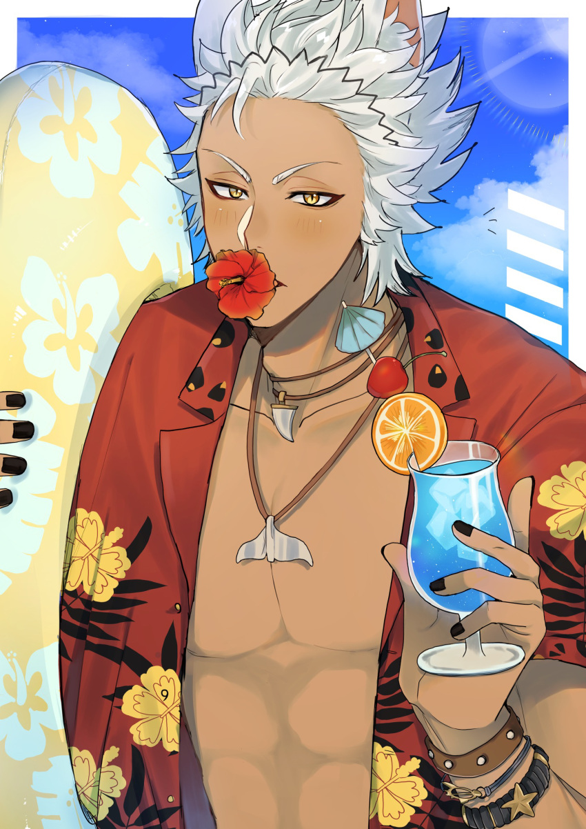 1boy, animal_ears, bracelet, cherry, collarbone, commentary_request, dark-skinned_male, dark_skin