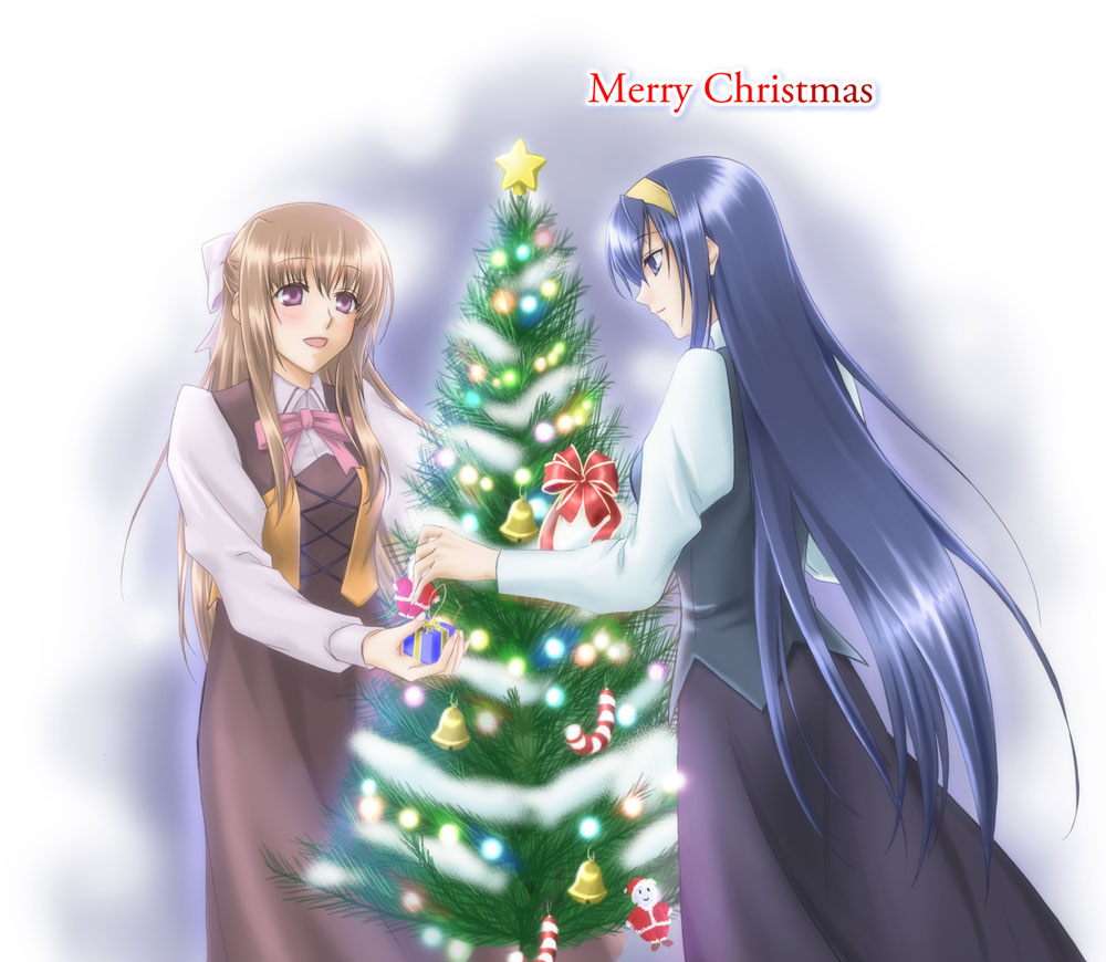 :d, bangs, bell, blonde_hair, blouse, blue_background, blue_eyes, blue_hair