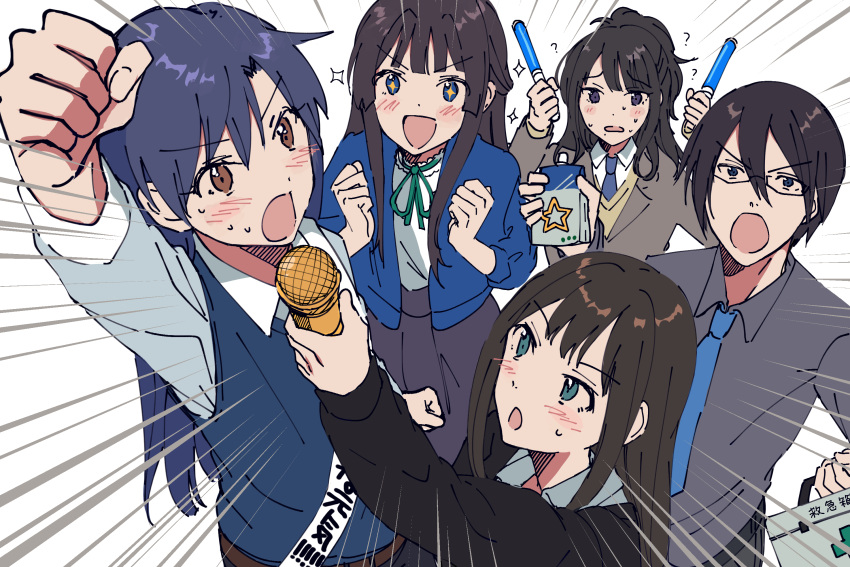 +_+, 1boy, 4girls, arm_up, black_hair, blue_eyes, blue_hair, blue_necktie