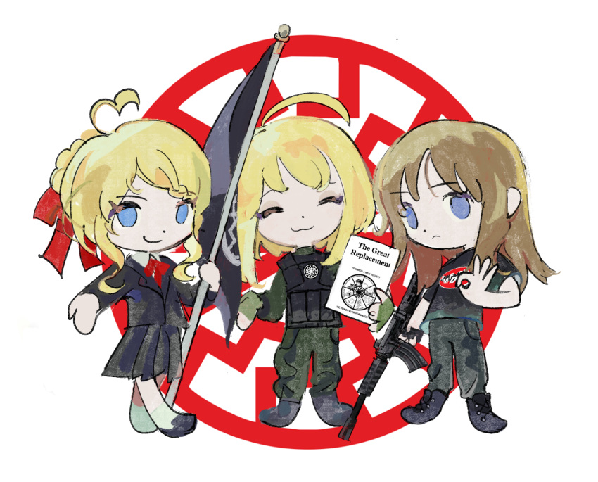 3girls, 8chan, :3, \||/, ^_^, ahoge, anders_breivik, animification