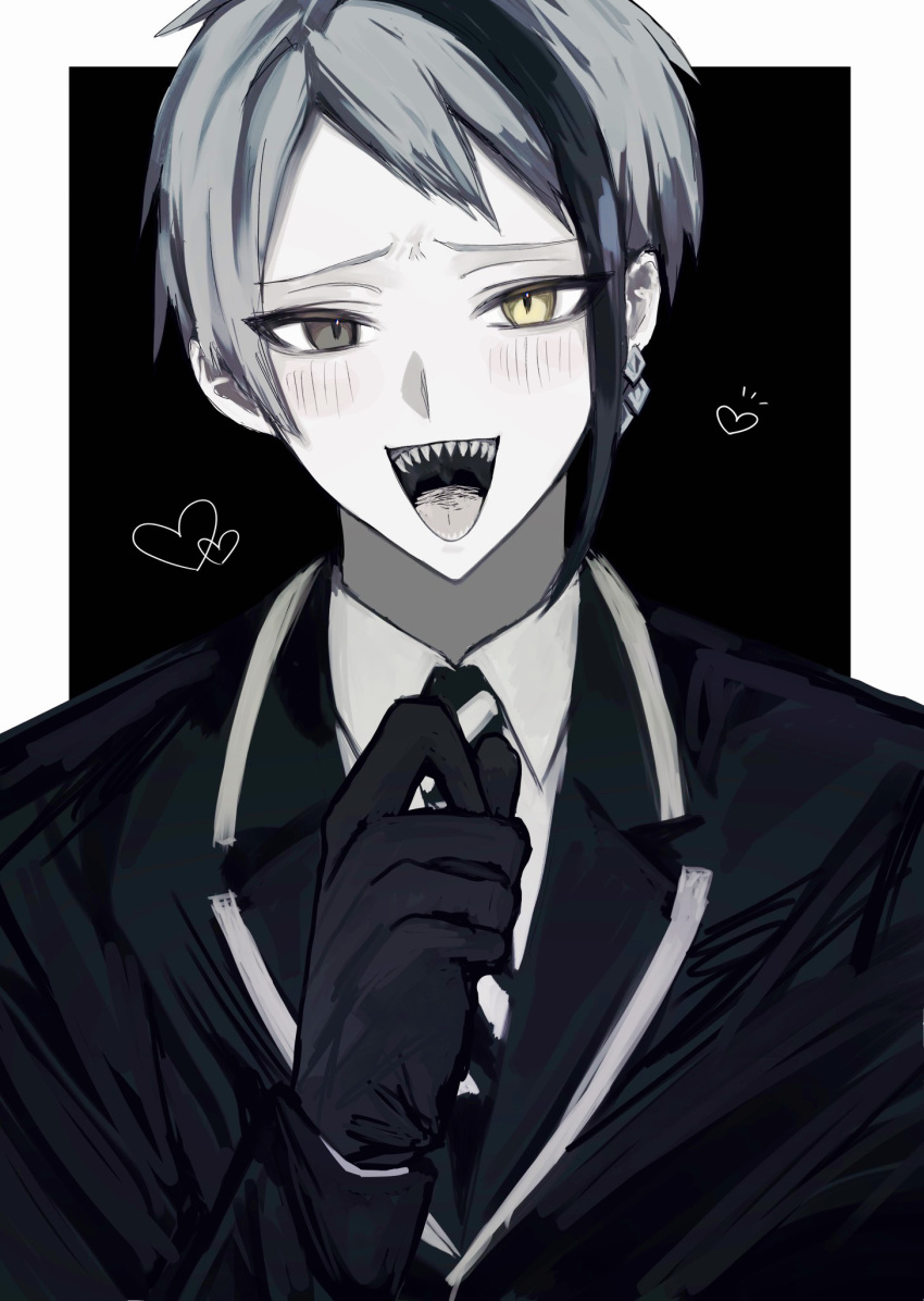 1boy, black_gloves, black_jacket, border, collared_shirt, commentary_request, earrings, gloves