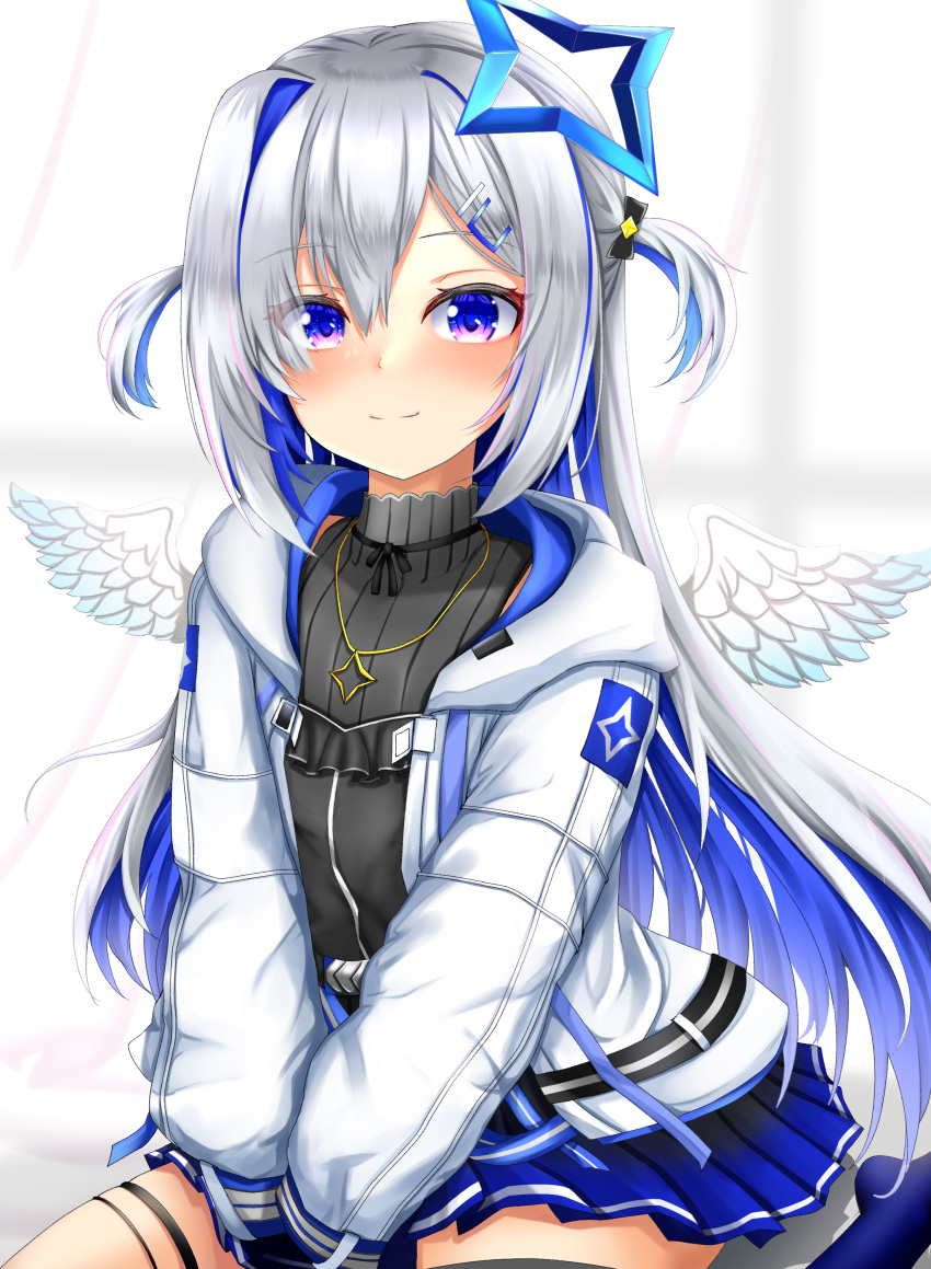 1girl, absurdres, amane_kanata, amane_kanata_(work), asymmetrical_bangs, asymmetrical_legwear, belt, black_dress