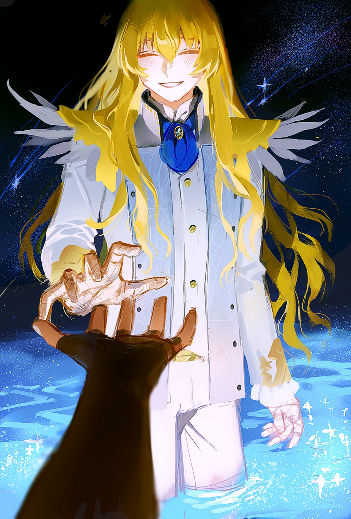 1boy, 1girl, ^_^, ascot, black_gloves, blonde_hair, blue_ascot, caenis_(fate)