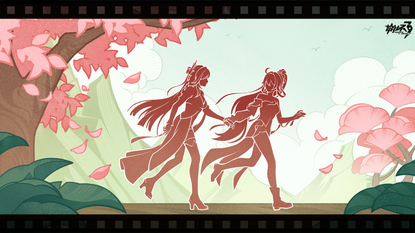 2girls, ahoge, blue_sky, cherry_blossoms, chinese_commentary, commentary_request, copyright_logo, dress