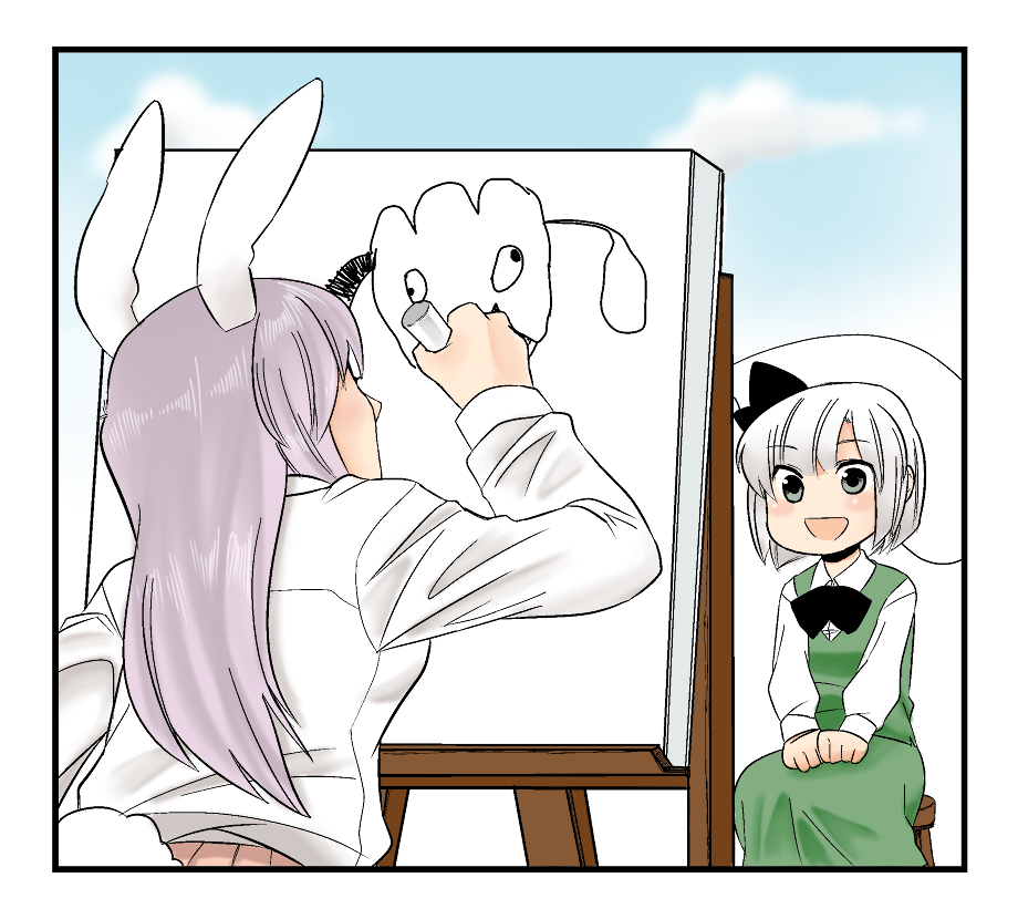 animal_ears, blush_stickers, bow, bunny_ears, bunny_tail, canvas_(object), drawing, from_behind
