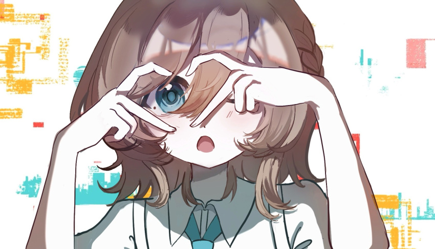 1girl, :o, aqua_eyes, aqua_necktie, brown_hair, chinese_commentary, collared_shirt, commentary_request, derivative_work, hair_between_eyes, heart_hands_over_eye, highres, koufuku_kei_(vocaloid), looking_at_viewer, medium_hair, menghuanhuabingchang, mizuhi_tsukushi, necktie, portrait, screenshot_redraw, shirt, solo, white_shirt