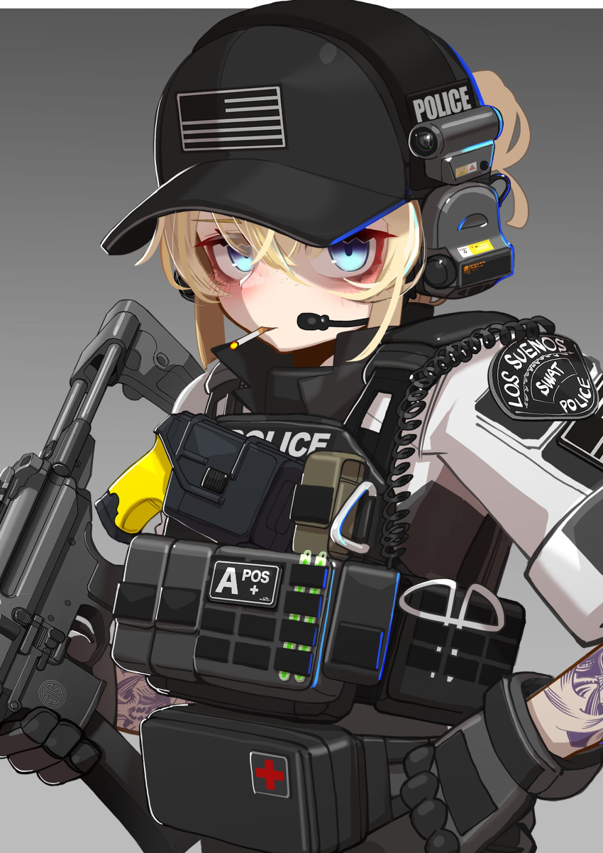 1girl, bags_under_eyes, baseball_cap, black_hat, blonde_hair, blue_eyes, blush, cigarette
