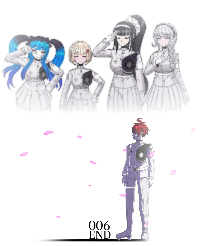 1boy, 4girls, amemiya_darumi, black_hair, blonde_hair, blue_hair, braid, closed_eyes