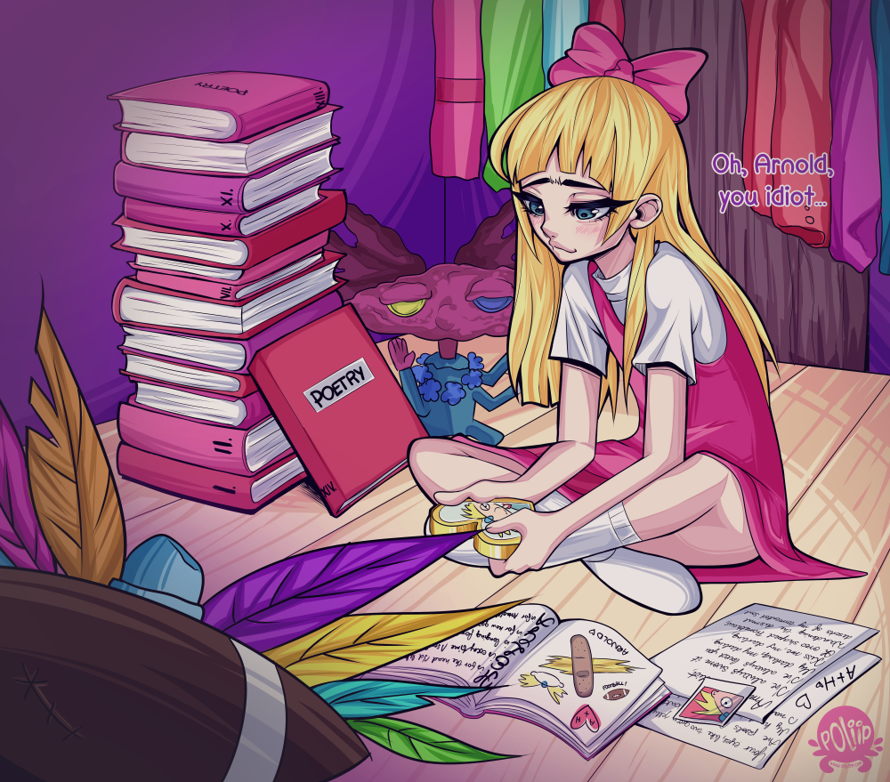 1girl, animification, arnold_shortman, blonde_hair, blue_eyes, bow, child, dress, fannimezes, hair_down, helga_g_pataki, hey_arnold!, looking_at_viewer, pink_bow, pink_dress, shirt, shoes, sitting