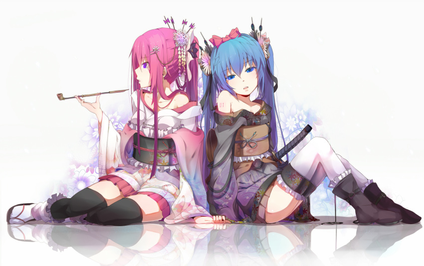 alternate_costume, black_buraku, black_legwear, blue_eyes, blue_hair, bow, flower, hair_bow