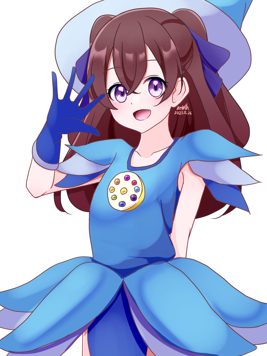 1girl, :d, absurdres, arm_behind_back, artist_name, blue_dress, blue_gloves, blue_hat