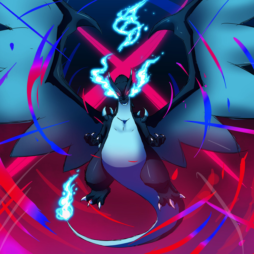 1other, absurdres, blue_fire, bones_dio, breath_weapon, breathing_fire, charizard, claws