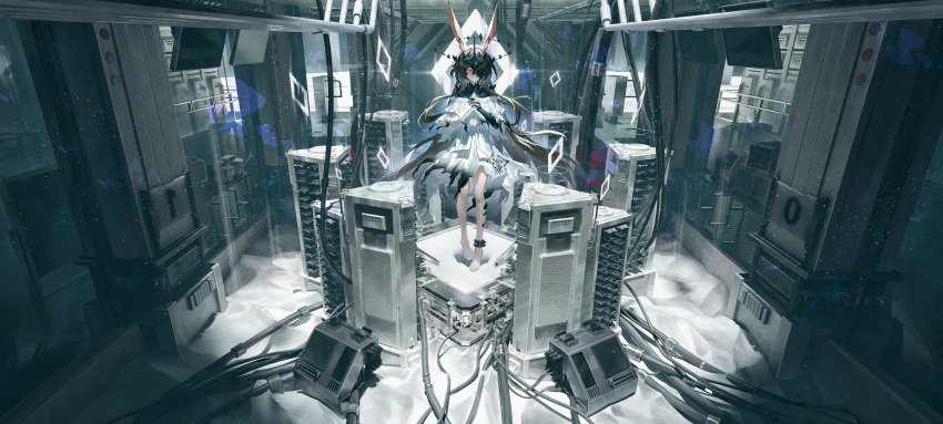 1girl, absurdres, amiya_(arknights), amiya_(demon_king)_(arknights), animal_ear_fluff, animal_ears, arknights, bare_legs, barefoot, breasts, brown_hair, cable, cirno9090, cleavage_cutout, clothing_cutout, commentary, crown, diamond_(shape), dress, english_commentary, feet, floating_crown, frills, highres, infection_monitor_(arknights), legs, long_hair, looking_at_viewer, material_growth, monitor, multicolored_skirt, one_eye_covered, oripathy_lesion_(arknights), own_hands_together, rabbit_ears, rabbit_girl, red_eyes, scenery, science_fiction, server_room, skirt, small_breasts, white_dress