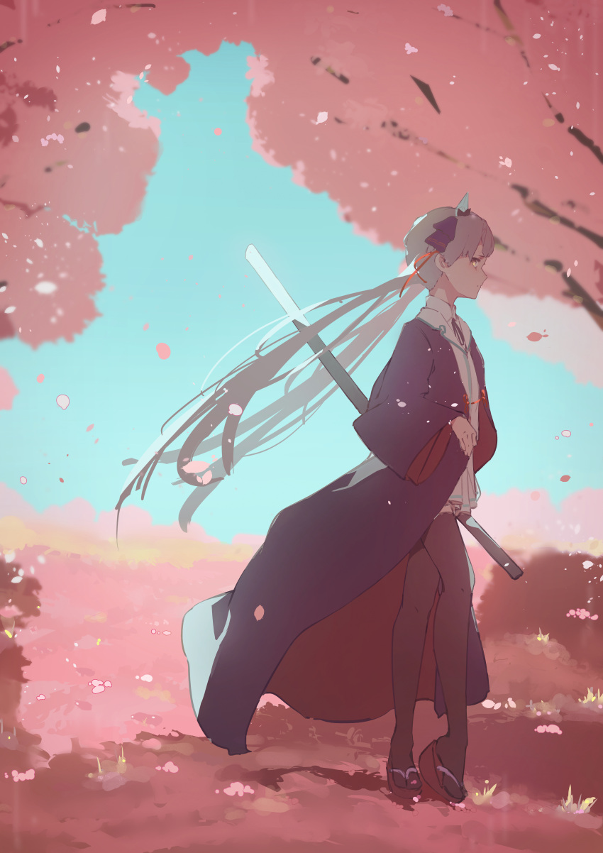 1girl, absurdres, cherry_blossoms, commentary, grey_hair, guratanchikin, hair_ornament, hair_ribbon