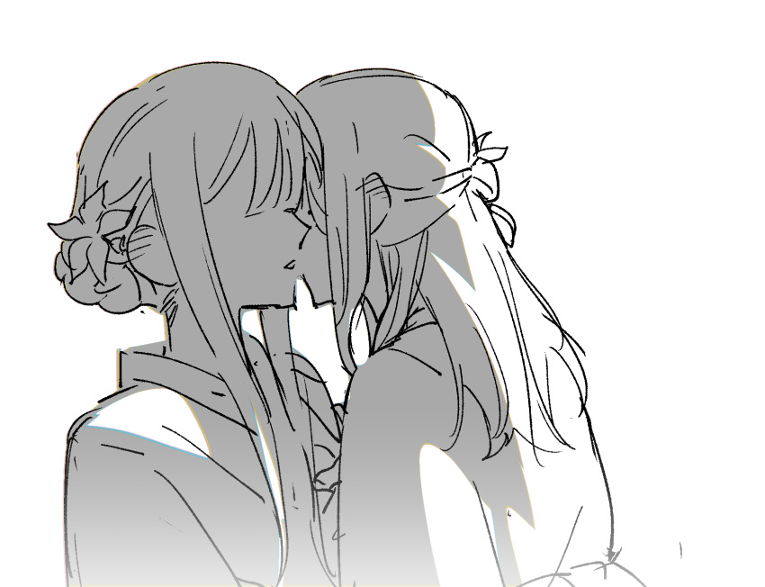 2girls, blush, cho_kaguya-hime!, commentary, ear_blush, flower, greyscale, hair_bun