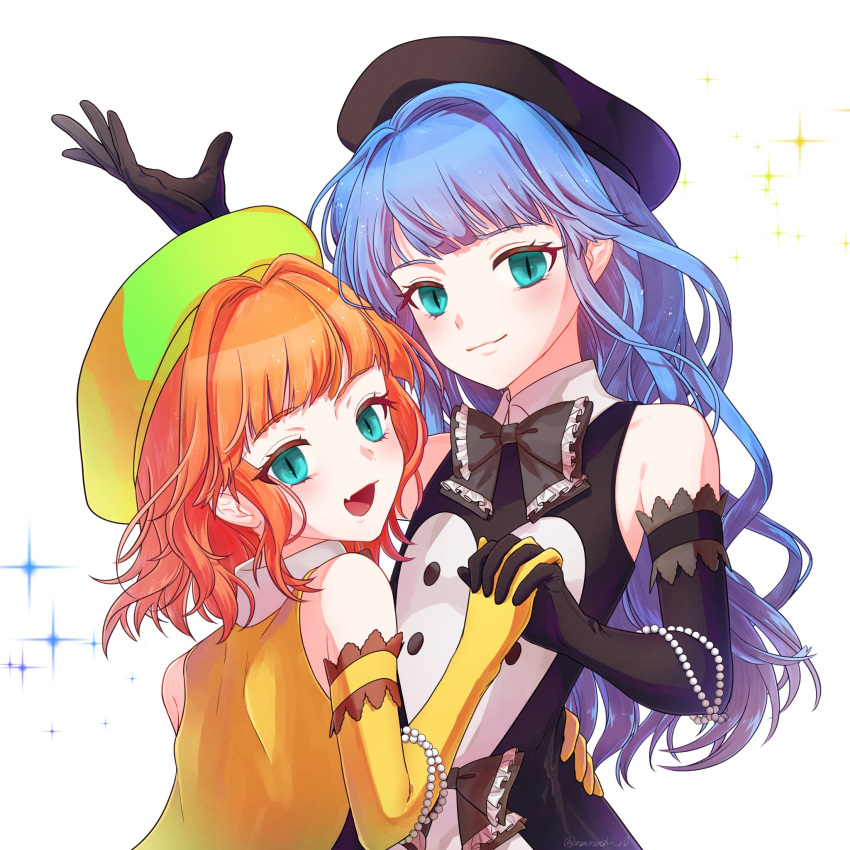 2others, bead_bracelet, beads, black_bow, black_dress, black_gloves, blue_eyes, bow, bracelet, commentary_request, dress, elbow_gloves, fang, furfur, gloves, hand_up, highres, holding_hands, interlocked_fingers, jewelry, looking_at_viewer, multiple_others, orange_hair, shichijou_(nanashi_r0), skin_fang, sleeveless, sleeveless_dress, smile, sparkle, trap, umineko_no_naku_koro_ni, yellow_dress, yellow_gloves, zepar
