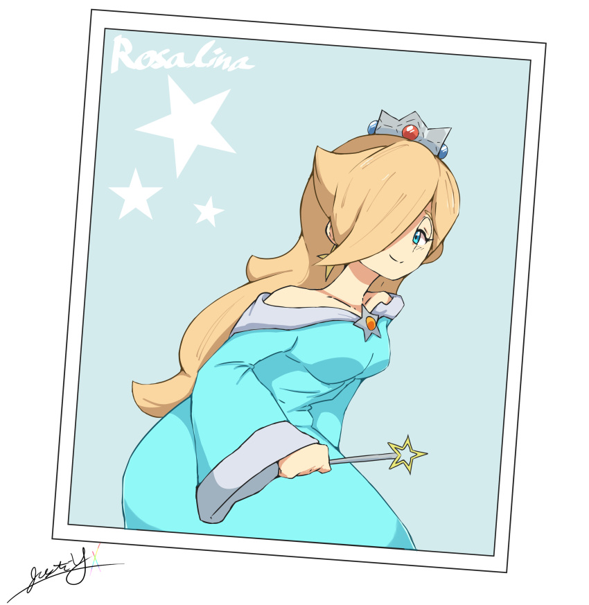 1girl, absurdres, bare_shoulders, blonde_hair, blue_dress, blue_eyes, brooch, character_name
