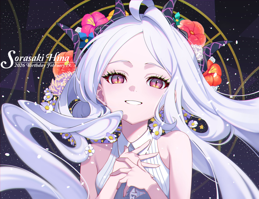 absurdres, ahoge, blue_archive, blush, breasts, demon_girl, demon_horns, flower