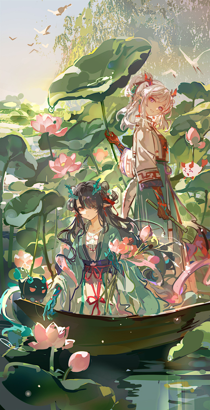 2girls, absurdres, arknights, bead_bracelet, beads, black_hair, boat, bracelet