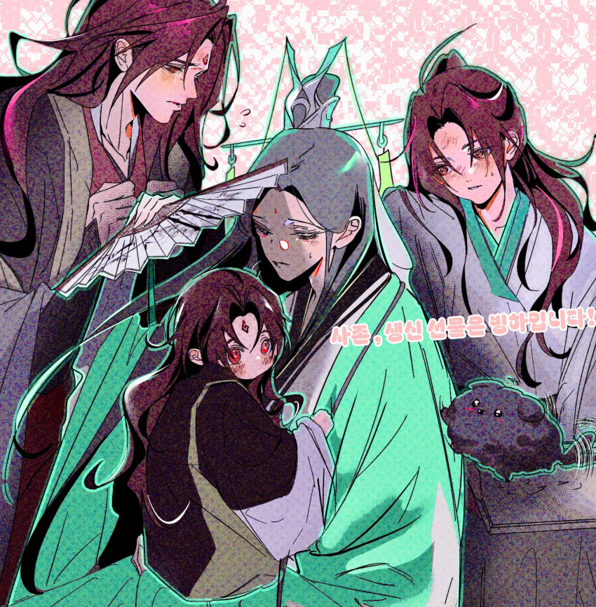 2boys, 4boys, aged_down, animalization, assssaint, bamboo_print, bindi, black_hair