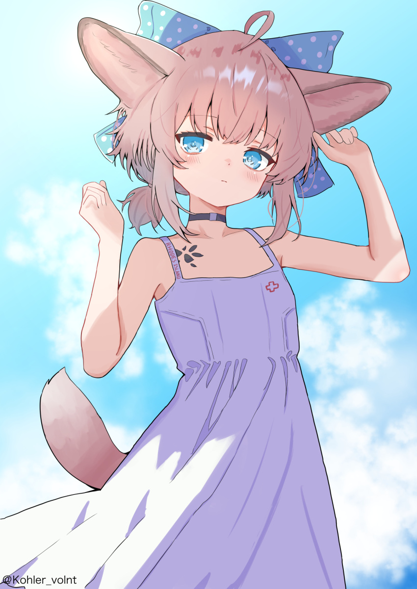 1girl, ahoge, alternate_costume, animal_ears, arknights, artist_name, black_choker, blue_bow
