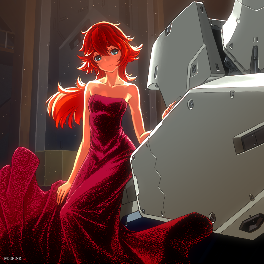 1girl, bare_shoulders, collarbone, commentary_request, dark-skinned_female, dark_skin, de_ri_(derinri), dress, green_eyes, gundam, gundam_suisei_no_majo, hair_between_eyes, light_smile, long_hair, looking_at_viewer, mecha_request, red_dress, red_hair, sitting_on_mecha, solo, strapless, strapless_dress, suletta_mercury, thick_eyebrows