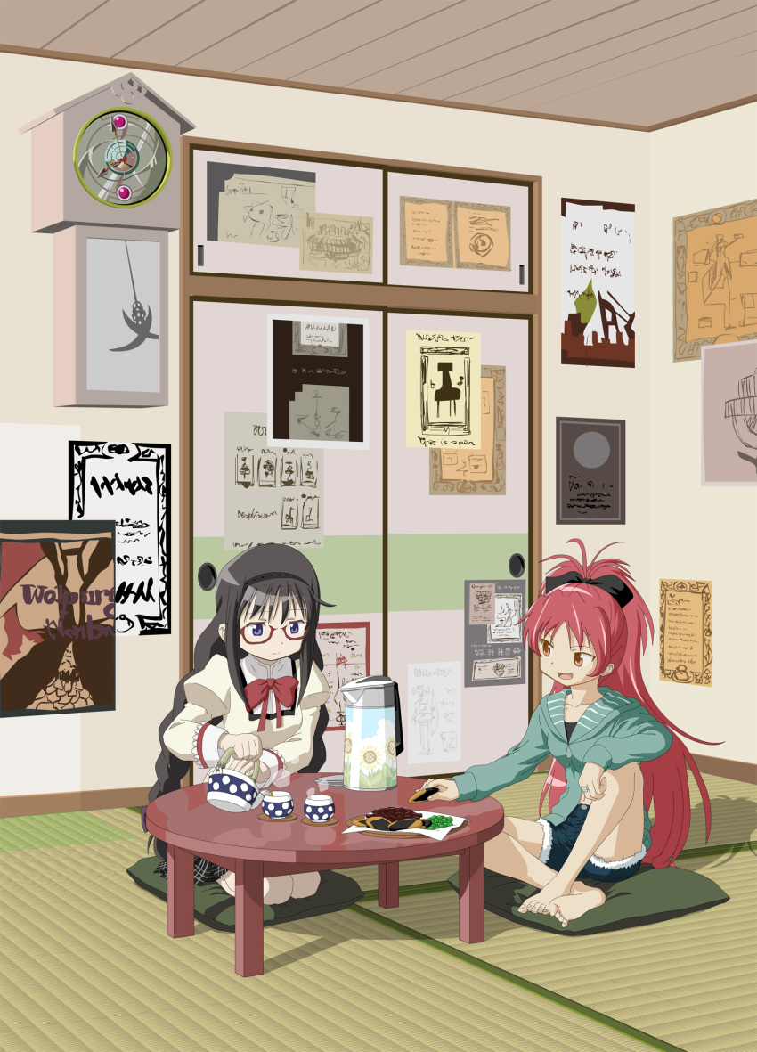 akemi_homura, barefoot, black_hair, braid, brown_eyes, clock, cookie, cup