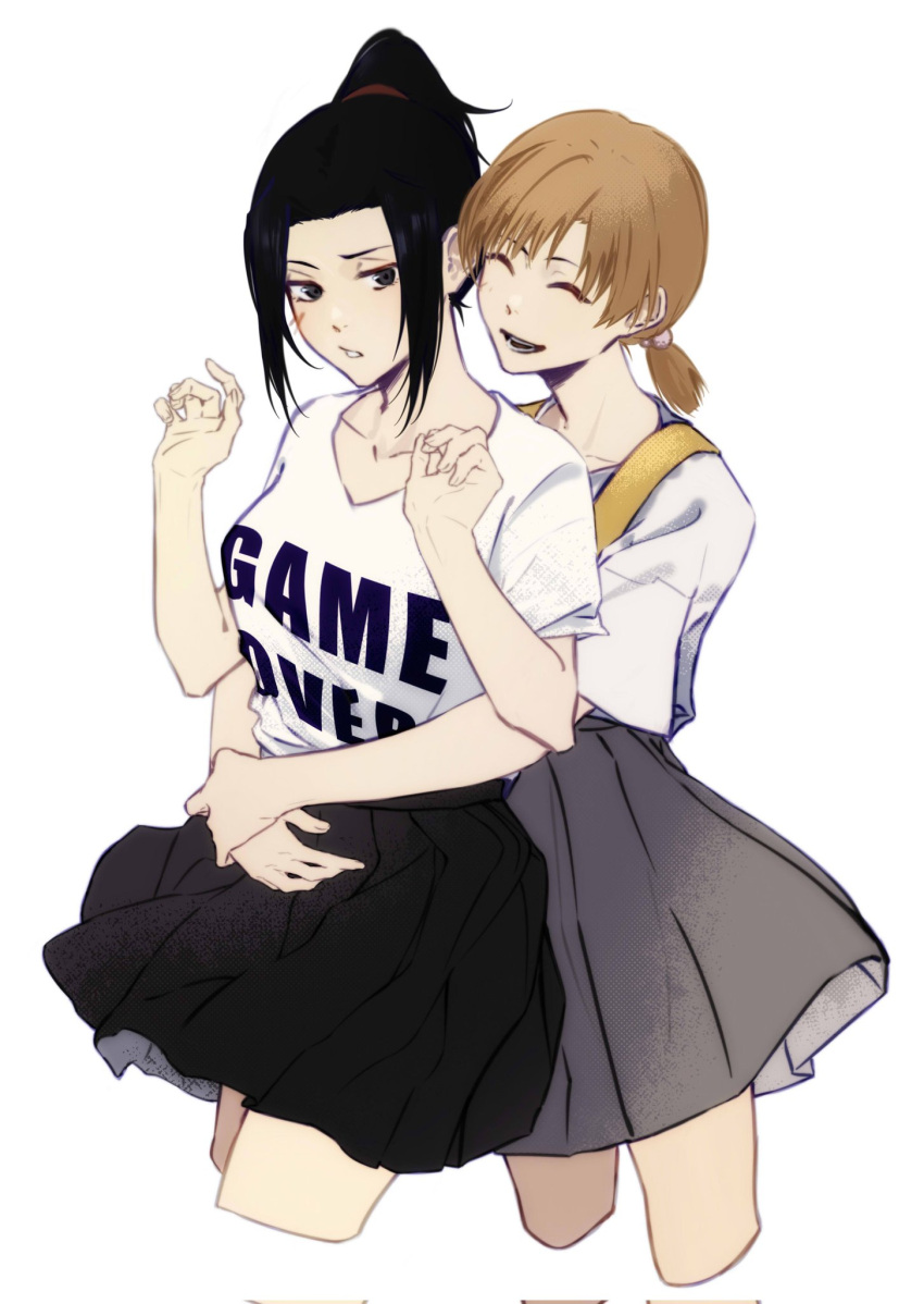 2girls, black_eyes, black_hair, black_skirt, bleach, bleach:_sennen_kessen-hen, breasts, brown_hair, closed_eyes, clothes_writing, commentary, corrupted_twitter_file, english_commentary, high-waist_skirt, high_ponytail, highres, hug, hug_from_behind, kurosaki_karin, kurosaki_yuzu, low_twintails, medium_breasts, medium_skirt, multiple_girls, pleated_skirt, ponytail, short_twintails, siblings, sidelocks, silegesi, sisters, skirt, twins, twintails