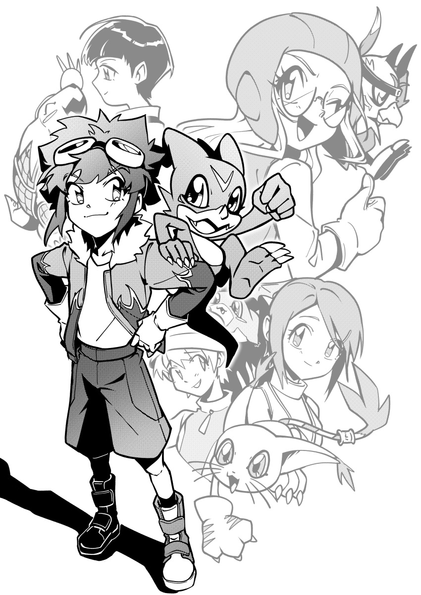 2girls, 3boys, absurdres, armadimon, digimon, digimon_(creature), digimon_adventure_02, dragon, flame_print, full_body, greyscale, hawkmon, hida_iori, highres, inoue_miyako, jacket, long_hair, monochrome, motomiya_daisuke, multiple_boys, multiple_girls, oh_sorry_01, patamon, print_jacket, short_hair, tailmon, takaishi_takeru, v-mon, yagami_hikari