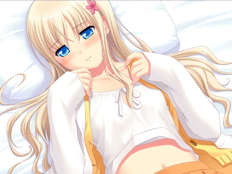 1girl, bed, bishoujo_(game), blonde_hair, blue_eyes, blush, flower, game_cg