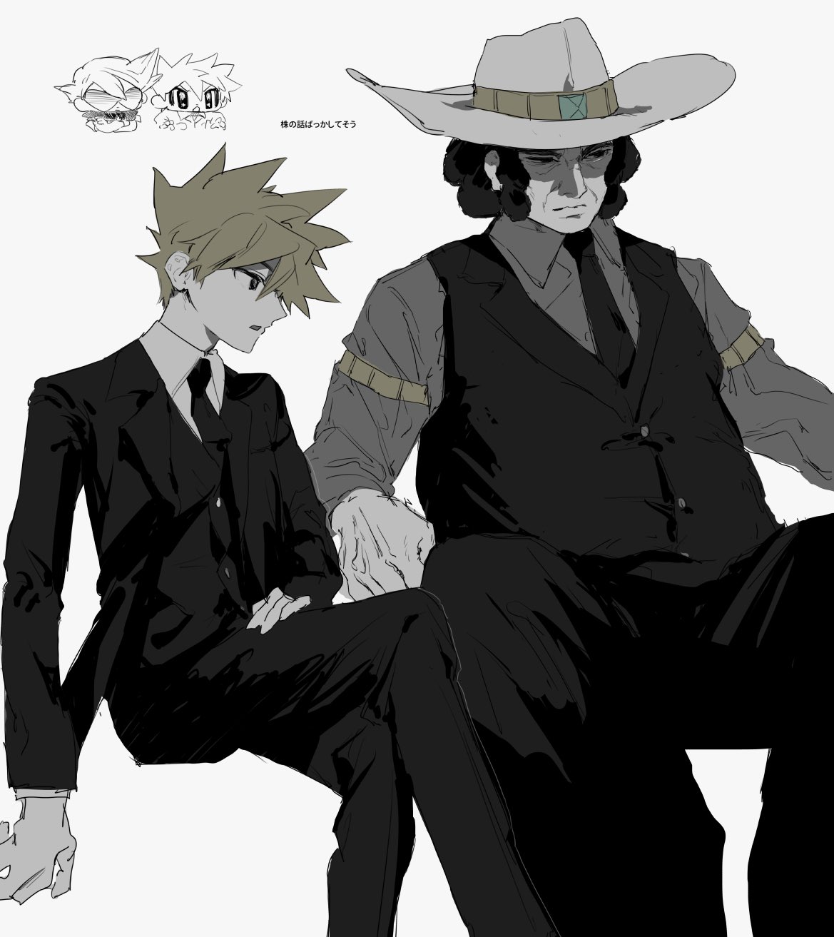2boys, black_jacket, black_necktie, black_pants, black_vest, blue_oak, brown_hair, buttons
