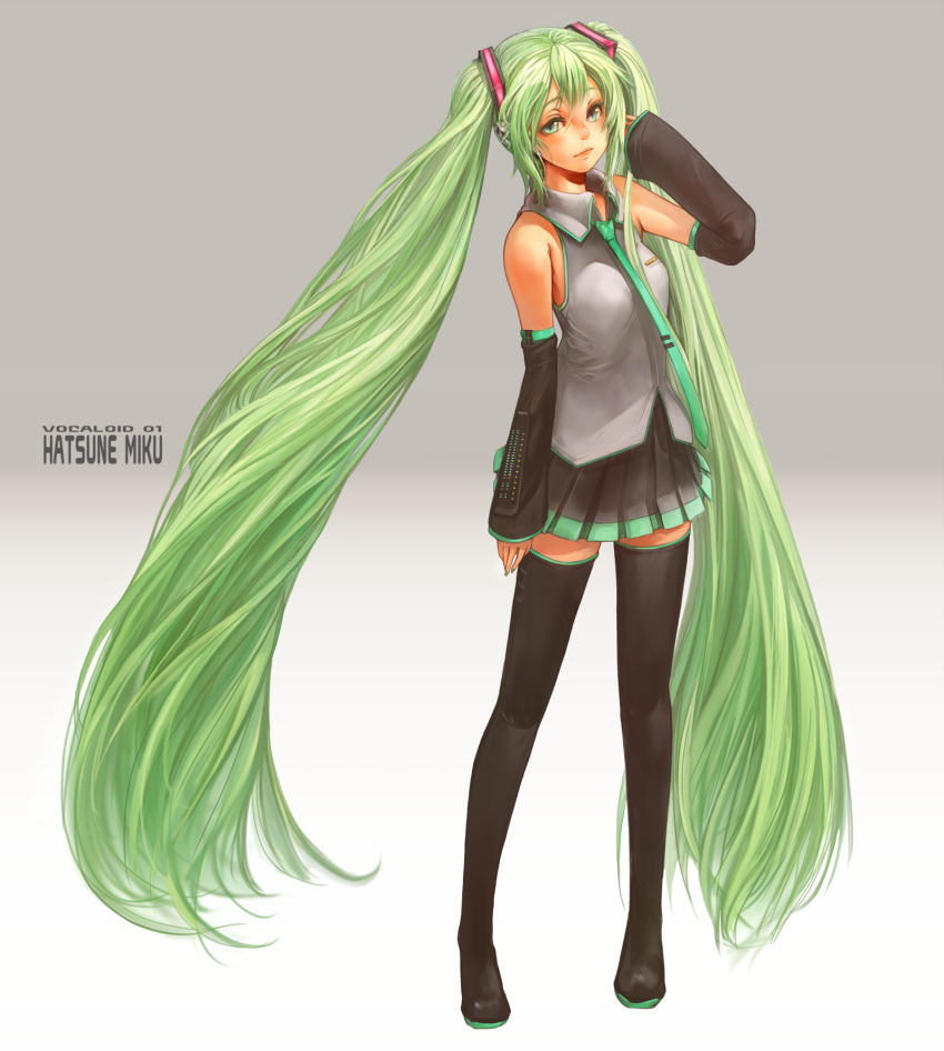 black_legwear, detached_sleeves, green_eyes, green_hair, hair_ribbon, hand_in_hair, hand_on_headphones, hatsune_miku