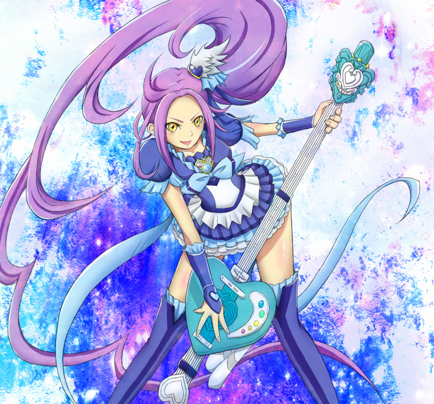 ahoge, bad_hands, blue_legwear, boots, boranchi, brooch, cure_beat, dress, frills, gloves, guitar, hair_ribbon, heart, highres, instrument, jewelry, kurokawa_ellen, long_hair, love_guitar_rod, magical_girl, precure, purple_hair, ribbon, side_ponytail, siren_(suite_precure), smile, solo, suite_precure, thigh-highs, thigh_boots, thighhighs, very_long_hair, yellow_eyes