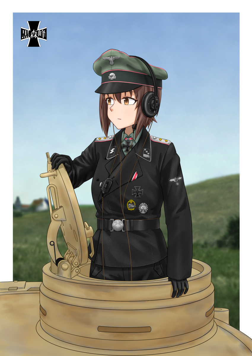 1girl, absurdres, belt, black_belt, black_gloves, black_hat, black_jacket, blurry