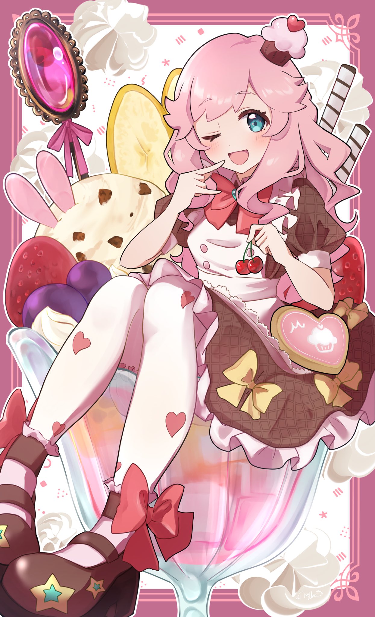 1girl, ;d, banana, banana_slice, blue_eyes, boots, bow, bowtie