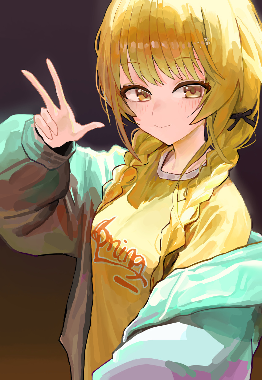 1girl, absurdres, black_ribbon, blonde_hair, blush, braid, chinese_commentary, commentary