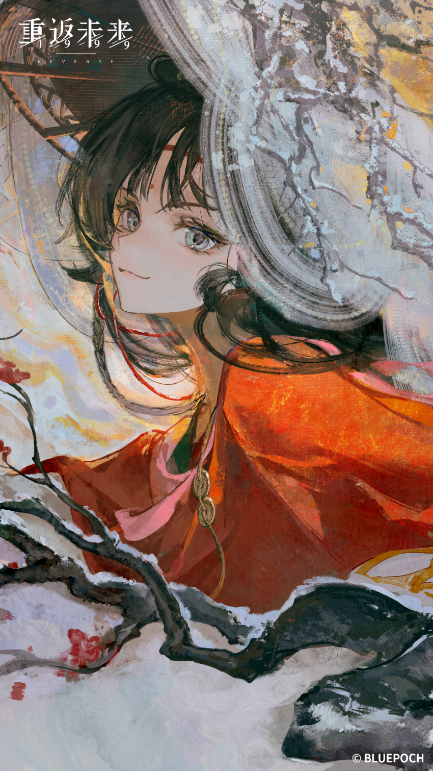 1girl, absurdres, black_hair, blue_eyes, branch, chinese_clothes, closed_mouth, copyright_name, copyright_notice, facial_mark, flower, forehead_mark, gradient_background, hanfu, highres, logo, long_hair, looking_at_viewer, official_art, official_wallpaper, paper_heron, plum_blossoms, red_flower, red_hanfu, reverse:1999, smile, snow, solo, upper_body, weimao