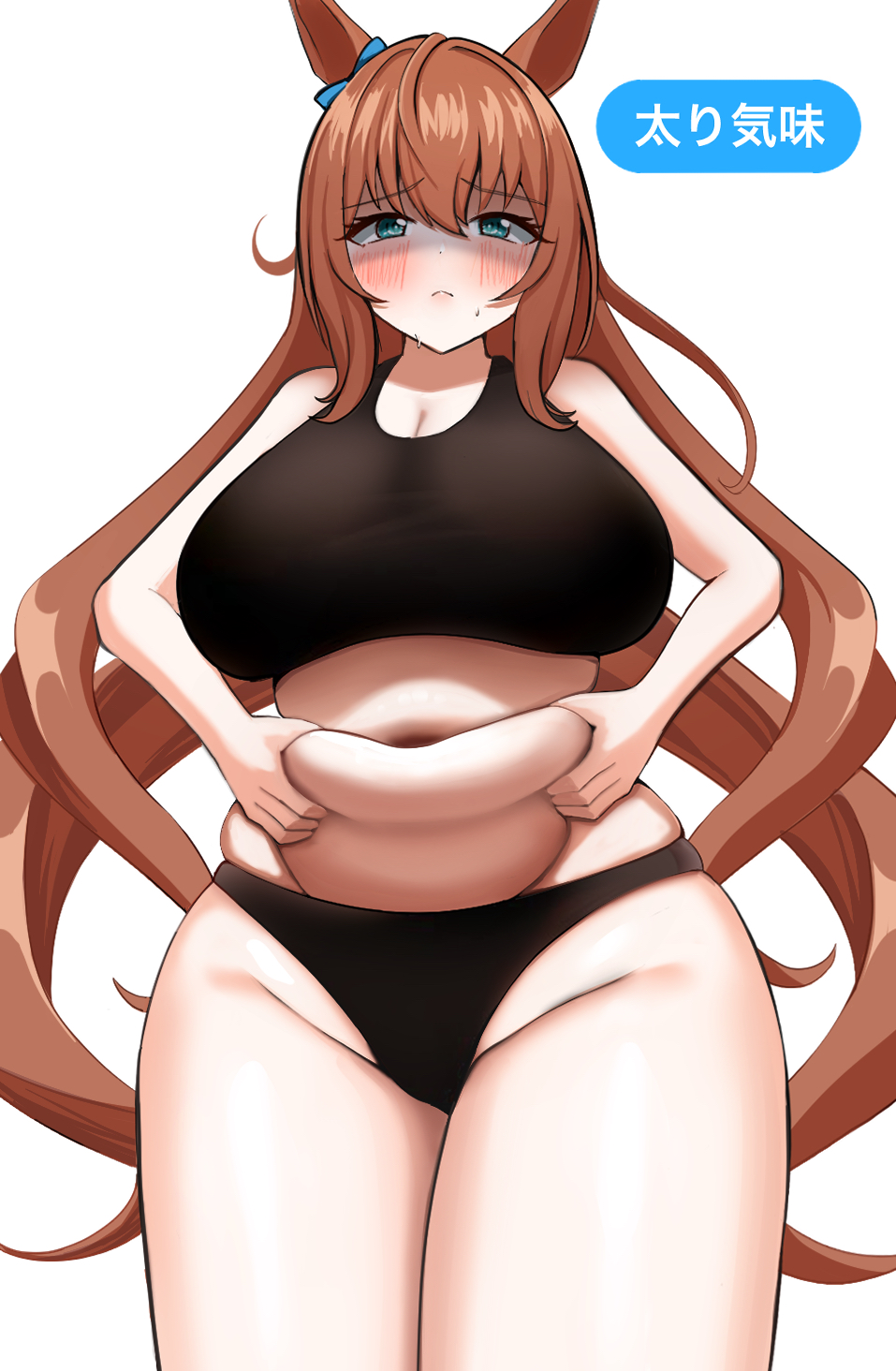 1girl, bare_shoulders, belly, belly_grab, beruya, big_belly, black_sports_bra, blue_eyes