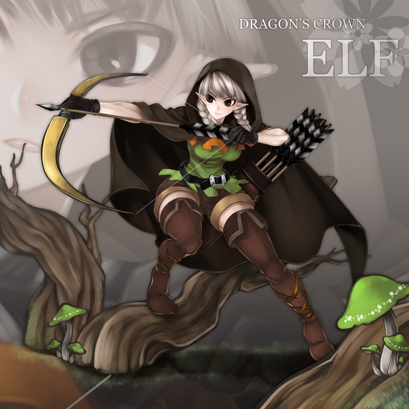 bad_id, boots, bow_(weapon), braid, brown_eyes, cloak, dragon's_crown, dragon's_crown